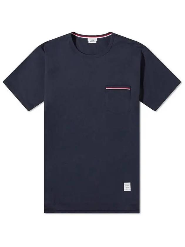 Men's Medium Weight Jersey Tipped Pocket Crewneck Short Short Sleeve T-Shirt Navy - THOM BROWNE - BALAAN 3