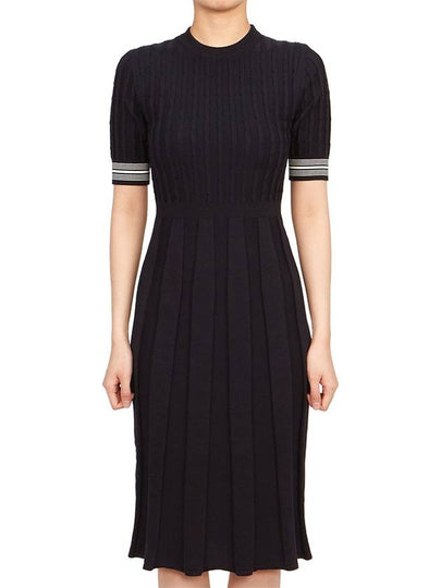 Cotton Pleated Cricket Striped Cable Midi Dress Navy - THOM BROWNE - BALAAN 2