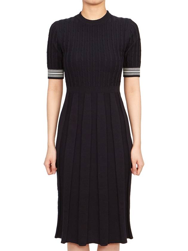 Cotton Pleated Cricket Striped Cable Midi Dress Navy - THOM BROWNE - BALAAN 4