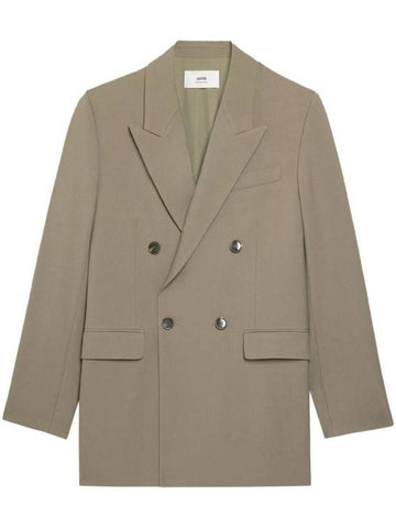 Double Breasted Virgin Wool Blazer Jacket Beige - AMI - BALAAN 1