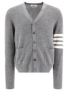 4-Bar Striped Waffle High V-Neck Cardigan Light Grey - THOM BROWNE - BALAAN 2