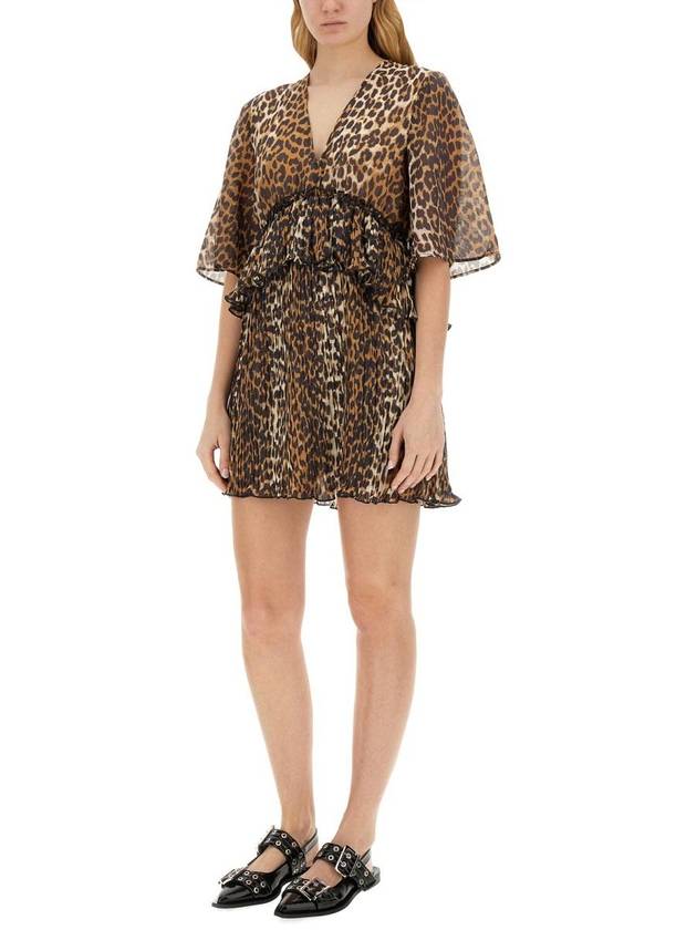 Georgette Leopard V-neck short dress - GANNI - BALAAN 3