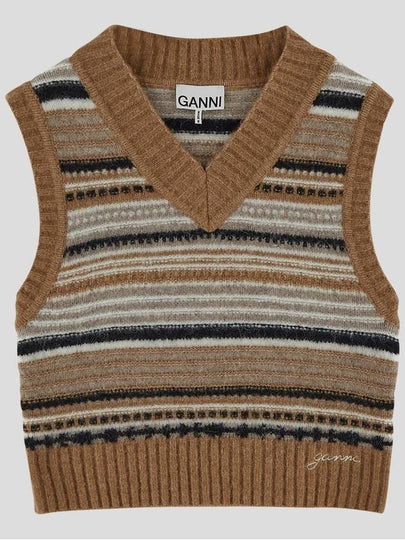 Striped Soft Wool Knit Vest Brown - GANNI - BALAAN 2