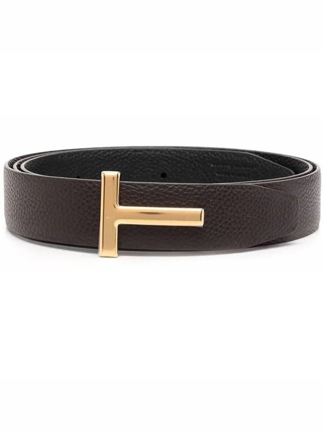 Gold Grain Leather T Icon Belt Brown Black - TOM FORD - BALAAN 3