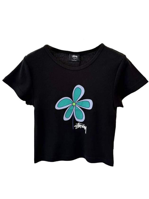 Women's Flower Rib Crop Short Sleeve T-Shirt Black - STUSSY - BALAAN 1