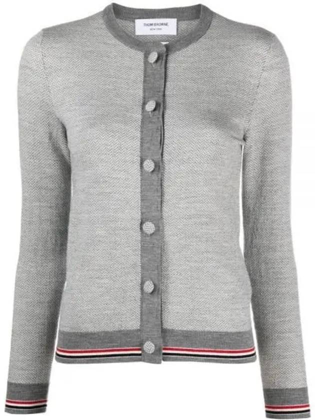 Herringbone Crew Neck Wool Cardigan Light Grey - THOM BROWNE - BALAAN 2