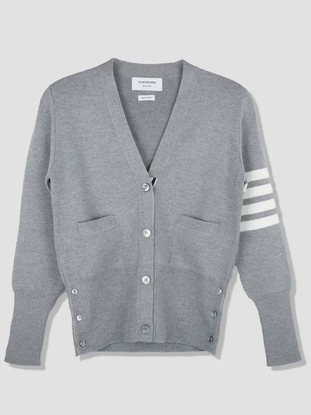 Milano Stitch 4 Bar Classic V Neck Fine Merino Wool Cardigan Grey - THOM BROWNE - BALAAN 3