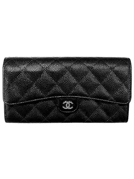 Silver Hardware Classic Caviar CC Logo Flap Long Wallet Black - CHANEL - BALAAN 1