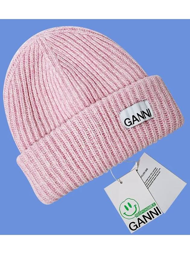 Logo Patch Knit Beanie Pink - GANNI - BALAAN 6