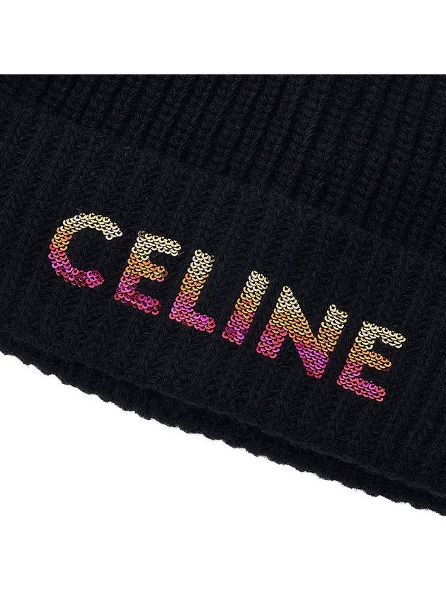 logo embroidered wool beanie black - CELINE - BALAAN.