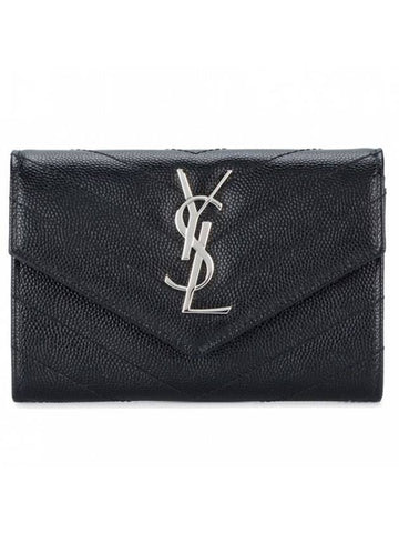 Cassandre Matelasse Small Envelope Grain de Poudre Embossed Leather Wallet Silver Black - SAINT LAURENT - BALAAN 1