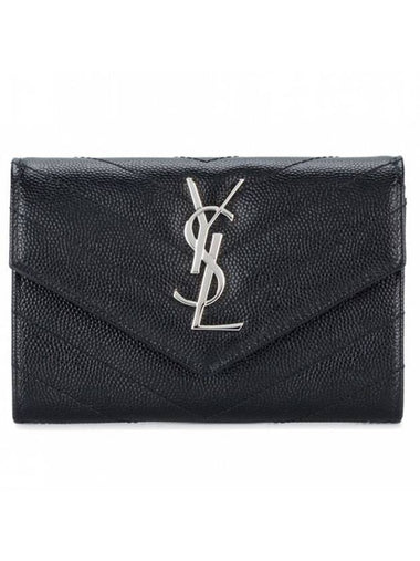 Cassandre Matelasse Small Envelope Grain de Poudre Embossed Leather Wallet Silver Black - SAINT LAURENT - BALAAN 1