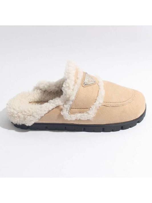 Women's Triangle Logo Shearling Lining Slippers Ecru - PRADA - BALAAN 2