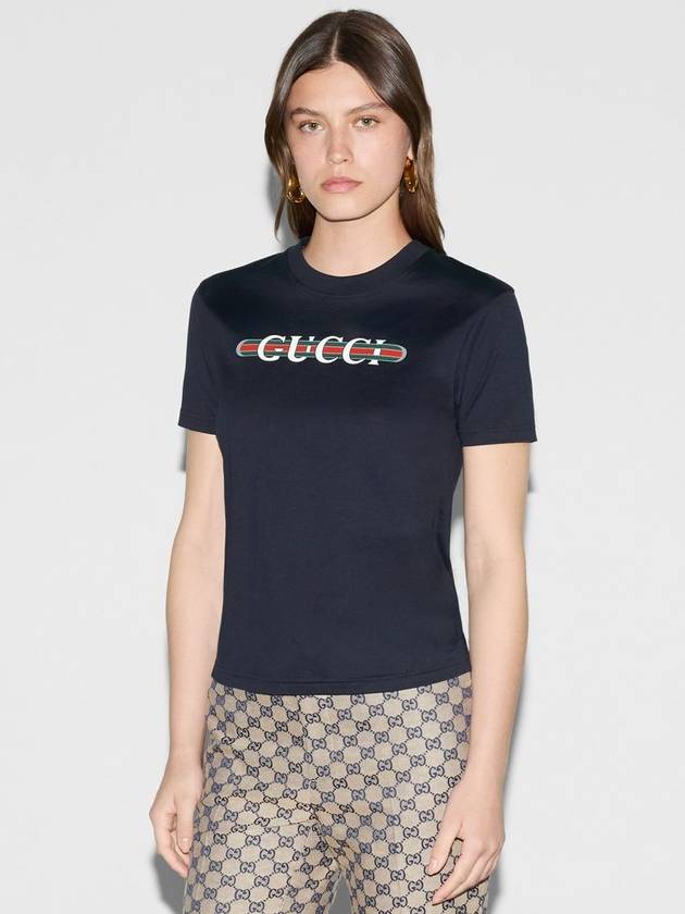 Web Print Cotton Short Sleeve T-Shirt Navy - GUCCI - BALAAN 4