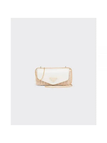 Triangle Logo Wicker Mini Shoulder Bag White Tan - PRADA - BALAAN 1