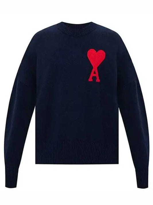 Big Heart Logo Embroidered Knit Top Navy - AMI - BALAAN.