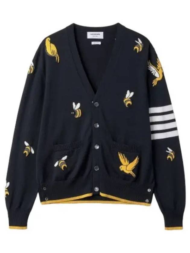 Intarsia wool knit cardigan navy - THOM BROWNE - BALAAN 1