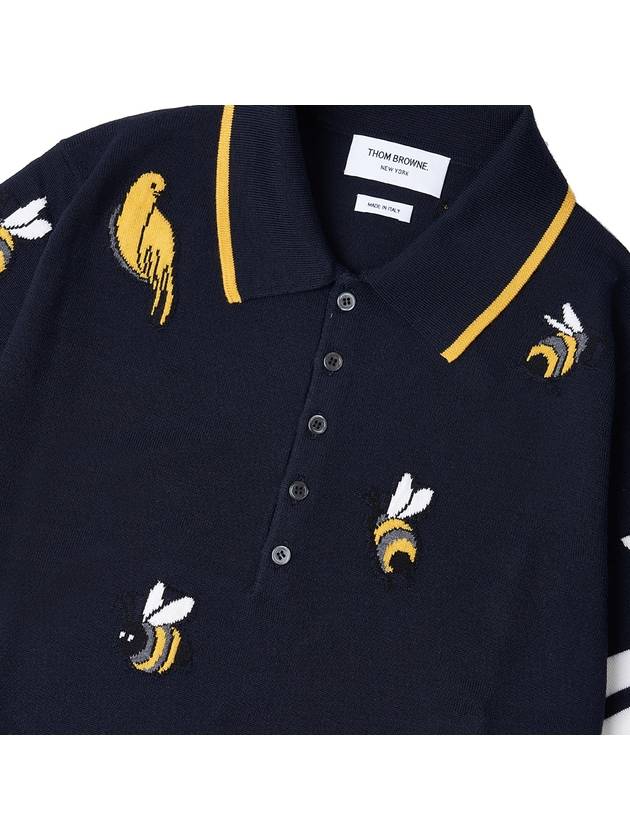 Men's Bird Bee Half Drop 4 Bar Merino Cotton Short Sleeve Polo Shirt Navy - THOM BROWNE - BALAAN 7