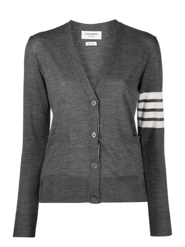 Sustainable Fine Merino Wool 4-Bar Relaxed Fit V-Neck Cardigan Medium Grey - THOM BROWNE - BALAAN 7