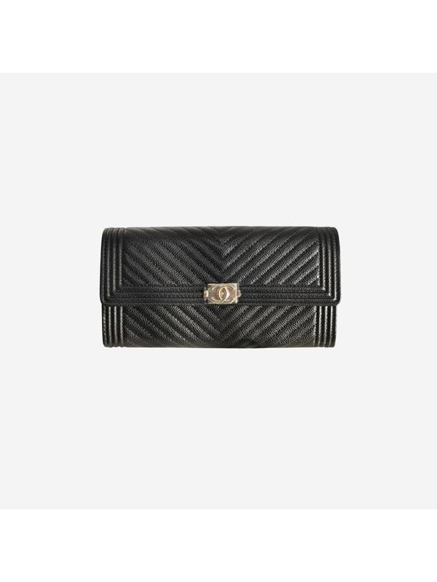 Logo Flap Grained Calfskin Long Wallet Black - CHANEL - BALAAN 2