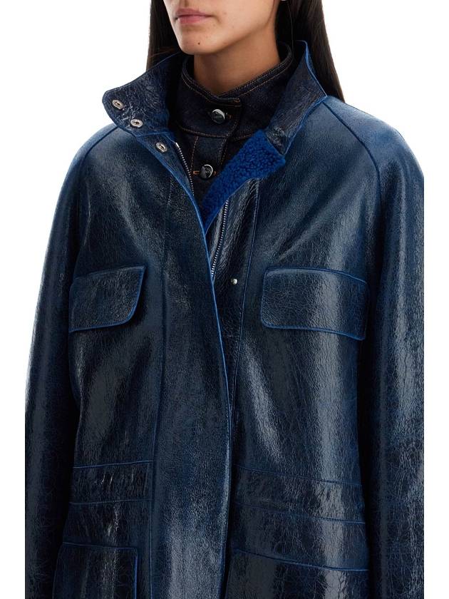 High Neck Leather Jacket Dark Blue - FENDI - BALAAN 5