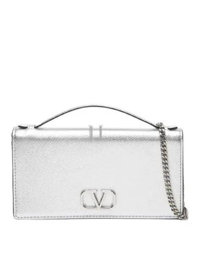 V Logo Signature Chain Leather Long Wallet Silver - VALENTINO - BALAAN 2