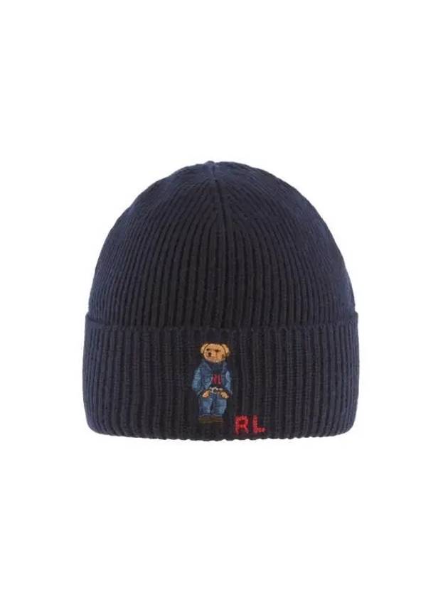 Embroidered Denim Bear Wool Beanie Navy - POLO RALPH LAUREN - BALAAN 3