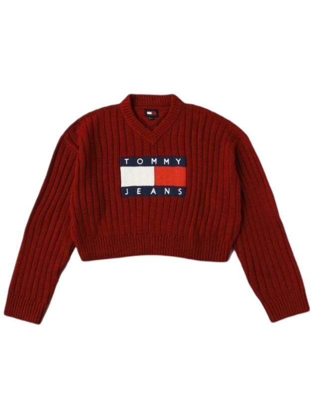 Flag V Neck Cropped Knit Top Red - TOMMY HILFIGER - BALAAN 1