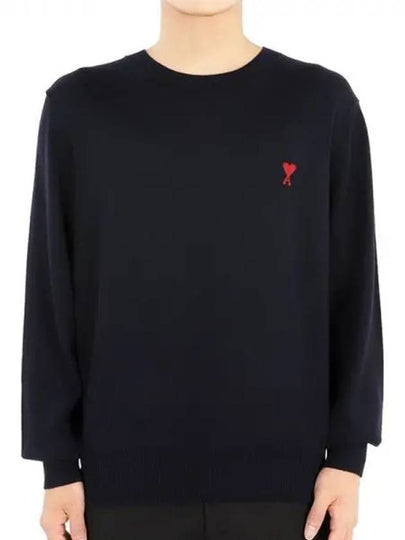 Heart Embroidered Logo Crew Neck Knit Top Navy - AMI - BALAAN 2