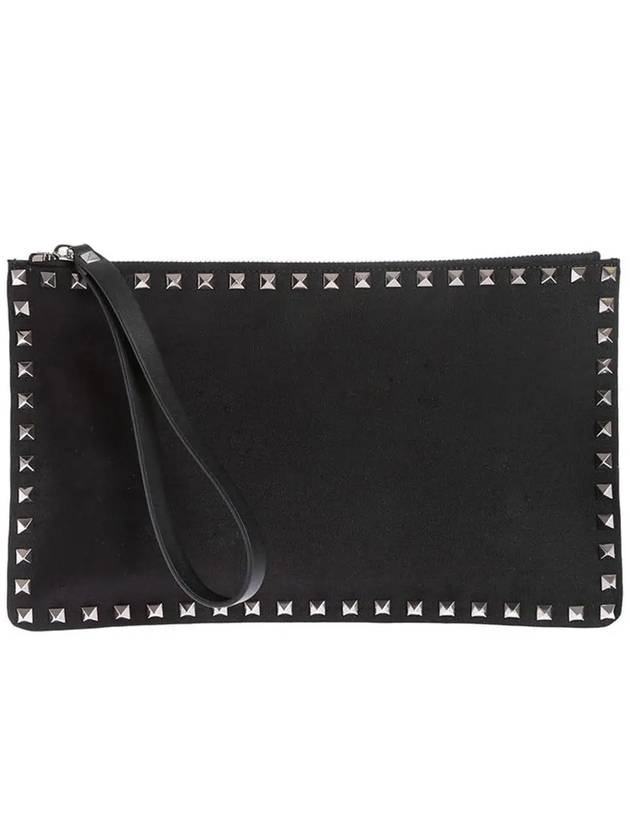 Rockstud Logo Patch Strap Clutch Bag Black - VALENTINO - BALAAN 3