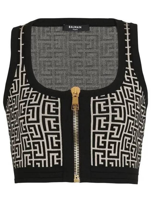 Monogram Jacquard Zip-up Crop Knit Sleeveless Black - BALMAIN - BALAAN 1