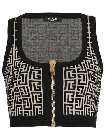 Monogram Jacquard Zip-up Crop Knit Sleeveless Black - BALMAIN - BALAAN 1