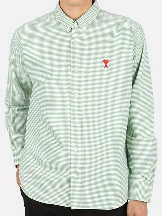 Men's Gingham Check Long Sleeve Shirt Green - AMI - BALAAN.