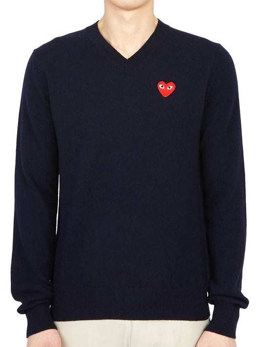Red Heart Wappen V-Neck Wool Knit P1 N002 2 Navy - COMME DES GARCONS - BALAAN.