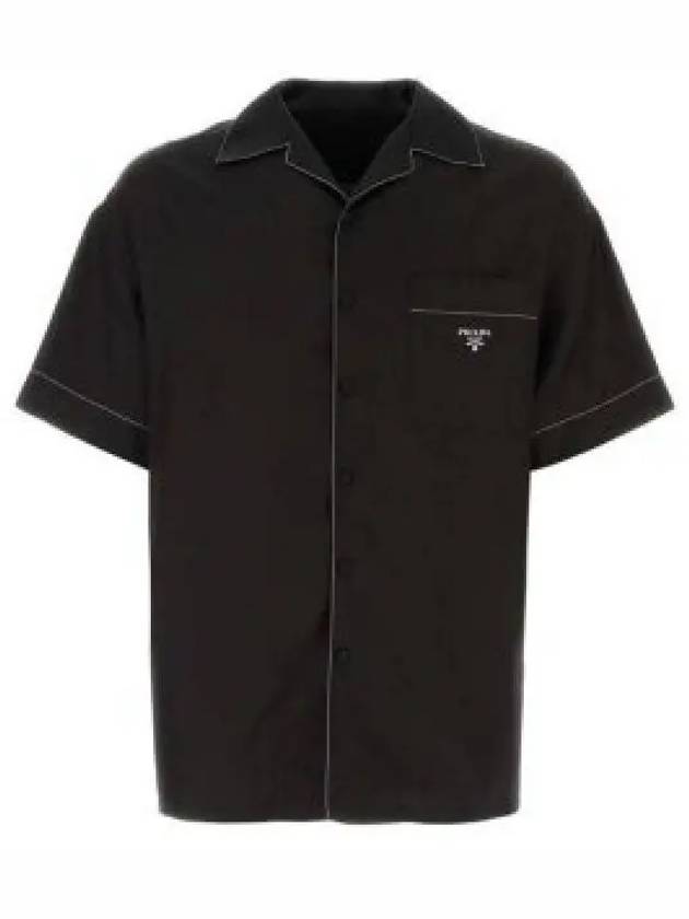 Logo Stitch Detail Silk Short Sleeve Shirt Black - PRADA - BALAAN 2