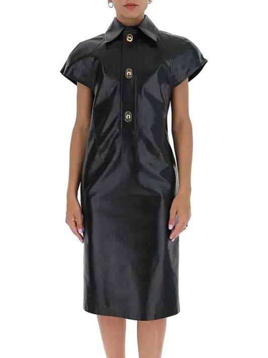 Women's Leather Shirt Long Dress Black - BOTTEGA VENETA - BALAAN.