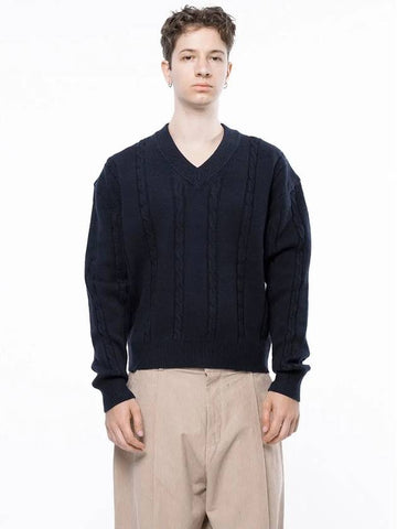 Men s M243TP07NY Dense Cable V neck Knit Navy - CHANCE'S NOI - BALAAN 1