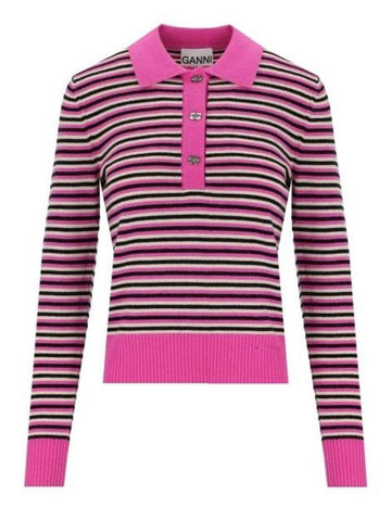 Striped Cashmere Polo Knit Top Fucsia - GANNI - BALAAN 1