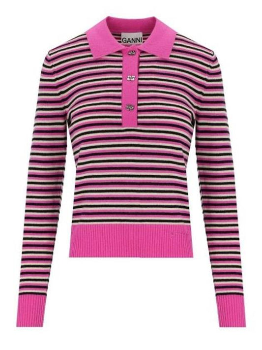 Striped Cashmere Polo Knit Top Fucsia - GANNI - BALAAN 1