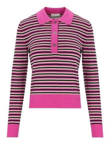 Striped Cashmere Polo Knit Top Fucsia - GANNI - BALAAN 1