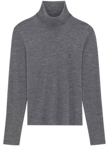 Embroidered Logo Roll Neck Wool Knit Top Grey - SAINT LAURENT - BALAAN 1