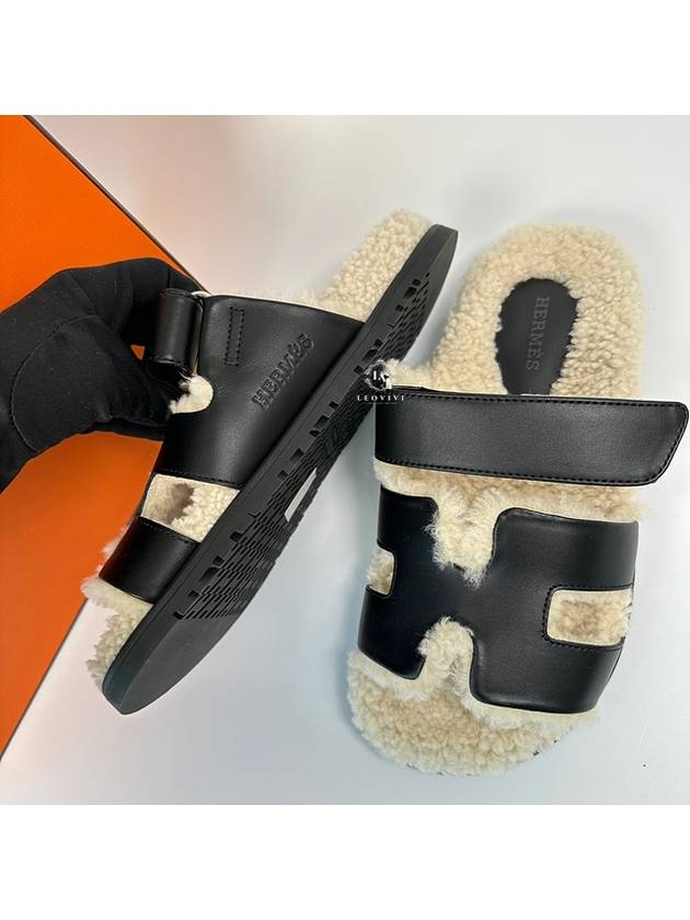 Chypre Calfskin Woolskin Sandals Noir - HERMES - BALAAN 7