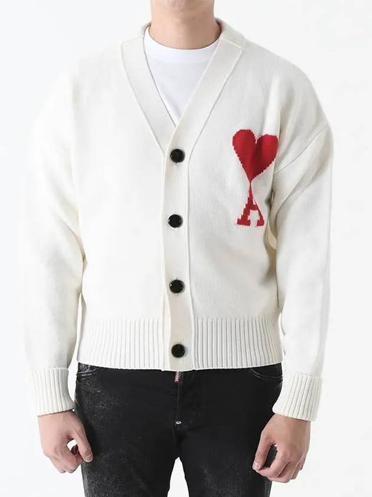 UKC002 Big Heart V neck Cardigan White - AMI - BALAAN 1