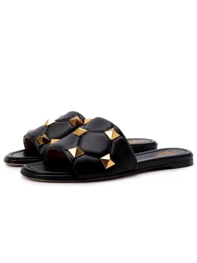 Roman Stud Quilted Leather Slippers Black - VALENTINO - BALAAN 4