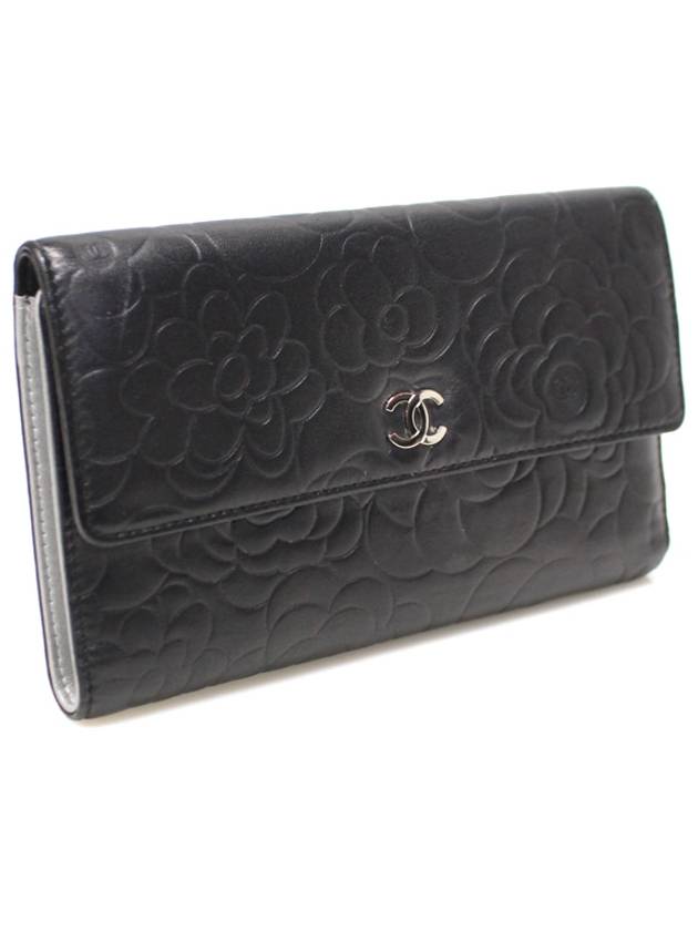 Black lambskin camellia silver CC logo flap long wallet 17th - CHANEL - BALAAN 2