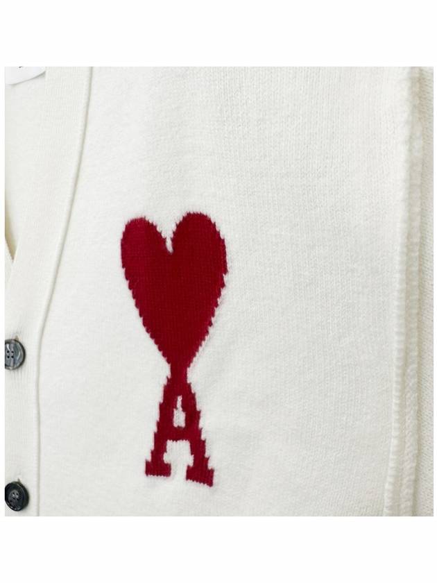 Heart Logo V Neck Wool Cardigan Off White - AMI - BALAAN 4