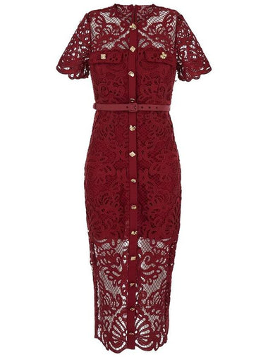 Midi Red Dress With Jewel Buttons In Guipure Lace Woman - SELF PORTRAIT - BALAAN 1