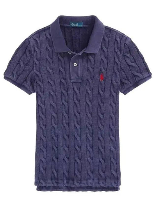Slim Fit Cable Knit Polo Shirt Navy - POLO RALPH LAUREN - BALAAN.