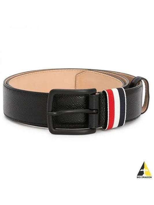 Men's Three Stripes Tab Pebbled Leather Belt Black - THOM BROWNE - BALAAN