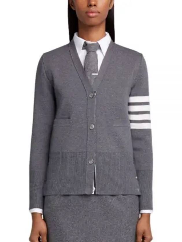 Milano Stitch 4 Bar Classic V Neck Fine Merino Wool Cardigan Medium Grey - THOM BROWNE - BALAAN 2